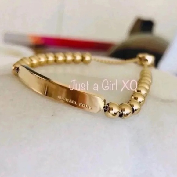 $88 Michael Kors Adjustable Beaded Plaque Nameplate Slider Gold-Tone - Picture 5 of 6